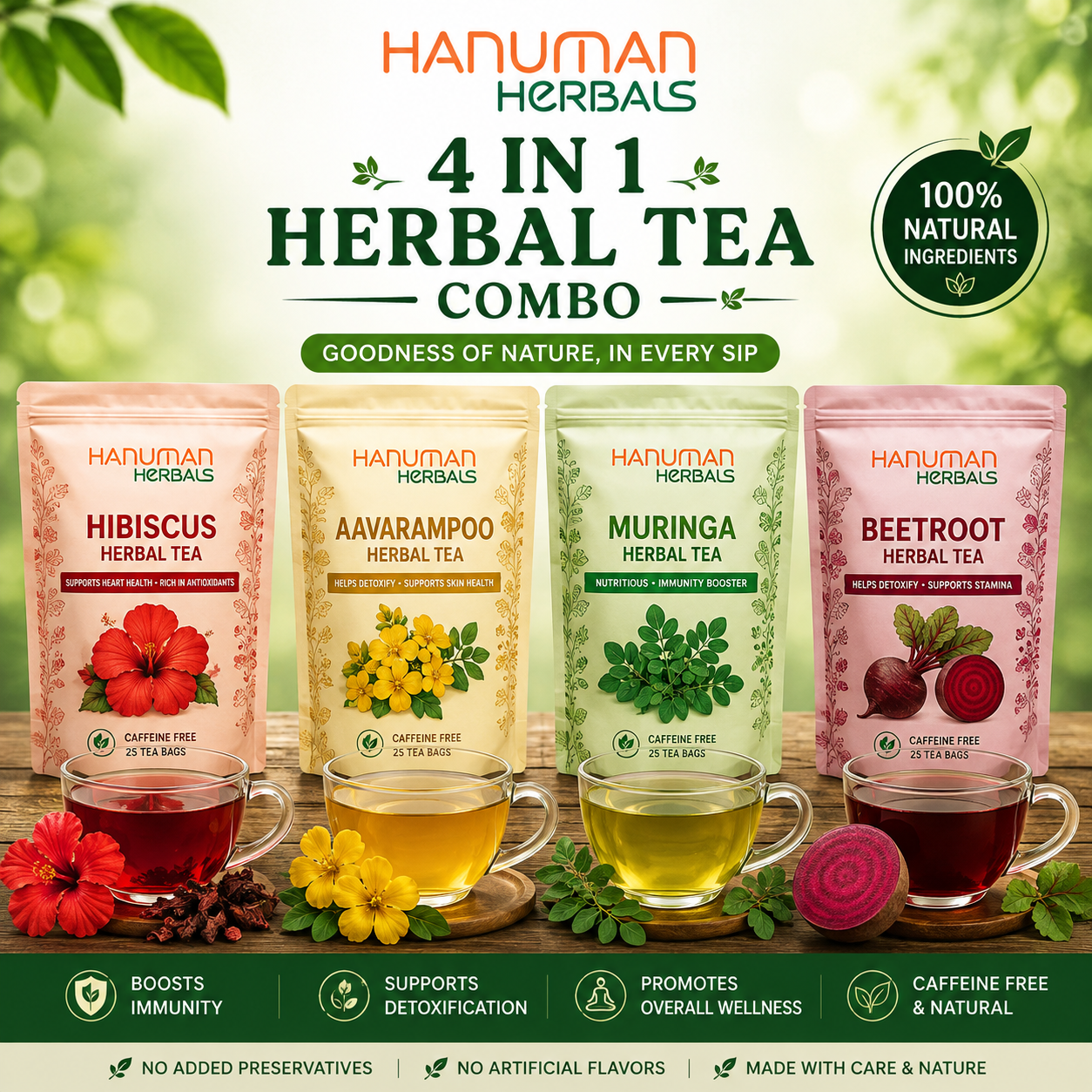 Hanuman Herbals Mini Wellness Tea Collection – 4 Herbal Teas for Immunity, Glow, Sugar Balance & Energy